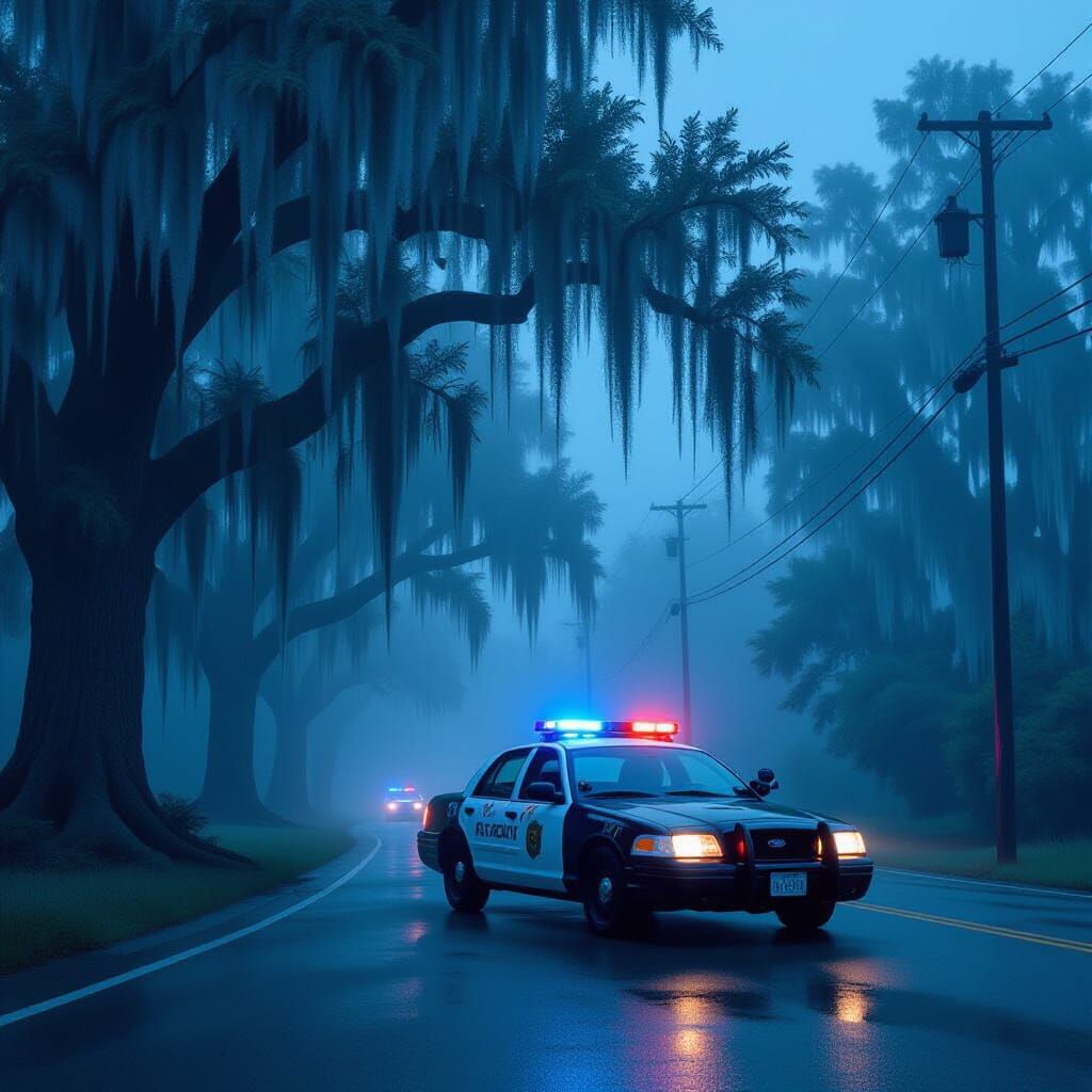 Police Car on Foggy Road in Cinematic Style