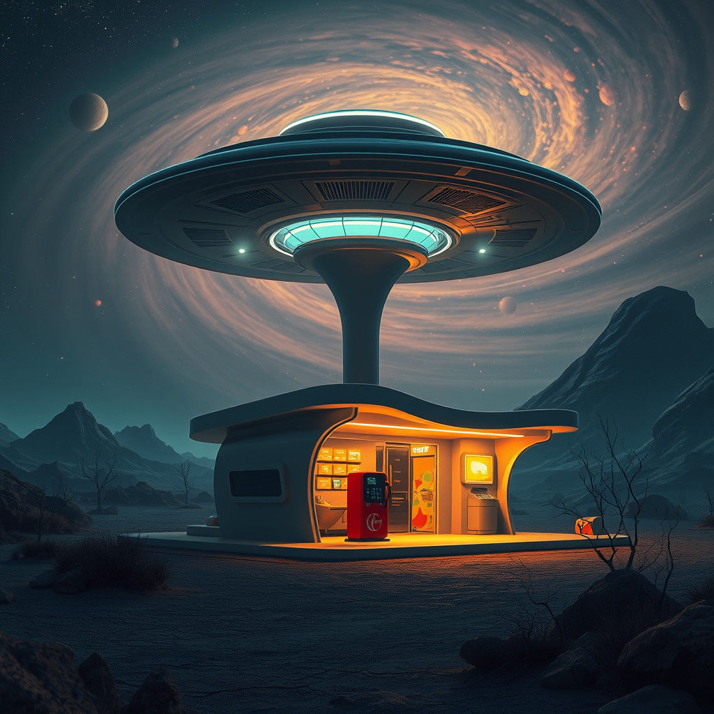 UFO Gas Station in Retro-Futuristic Sci-Fi Style