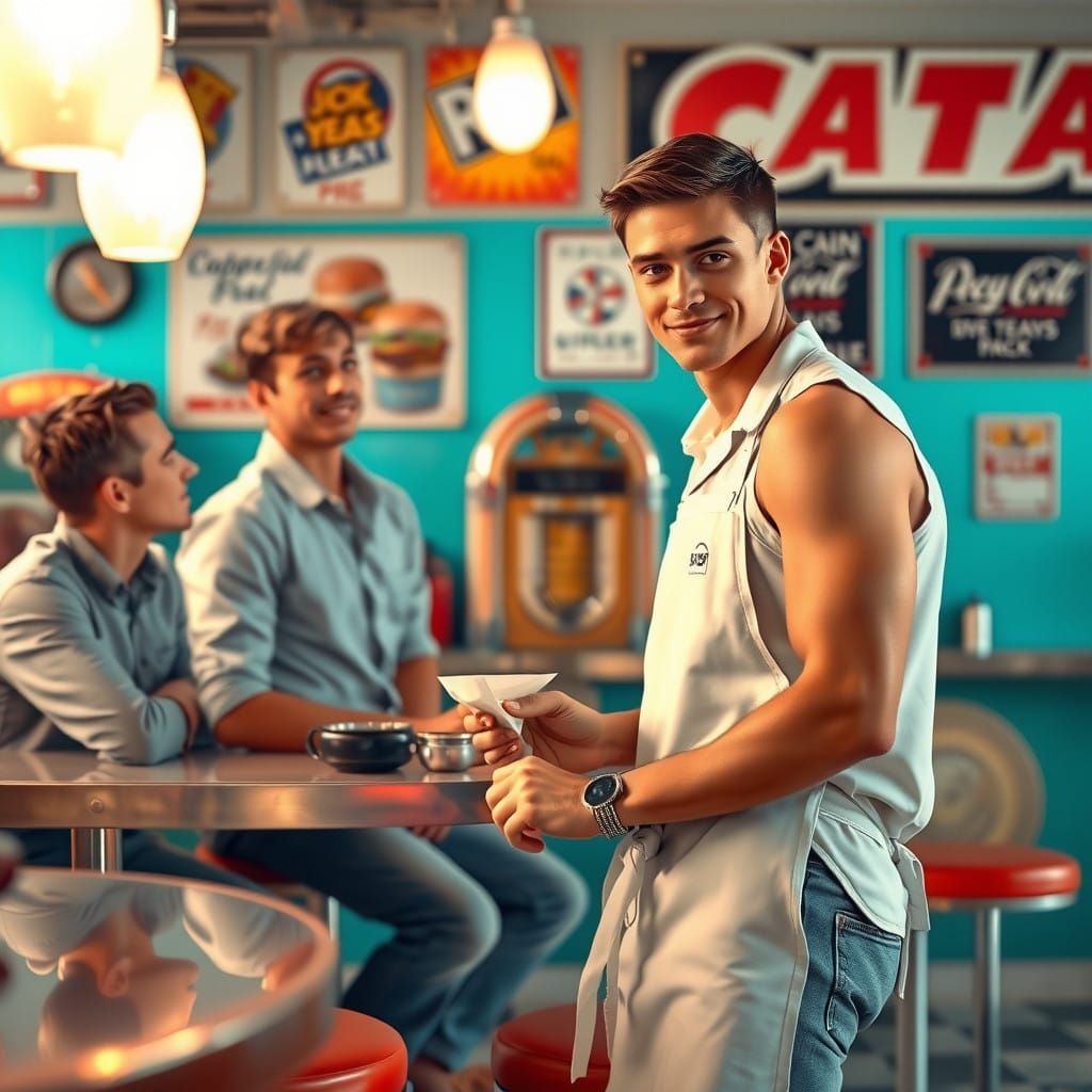 All-American Server Smiles at Young Friends at Retro Lunch C...
