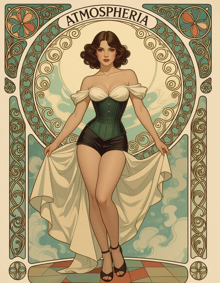 Brunette Pin-Up Dancing: Art Nouveau and Tonalism Fusion