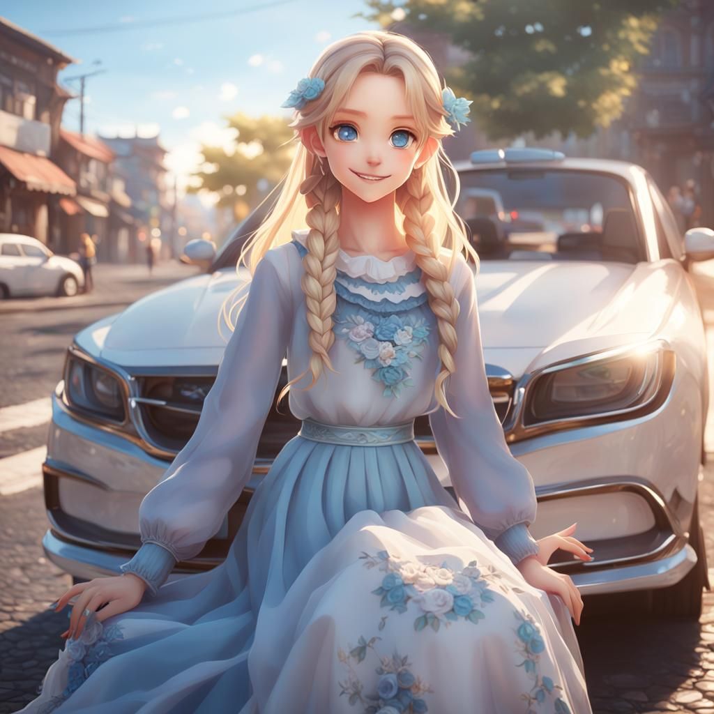 Anime Girl with Blond Hair on Car as 3D Art