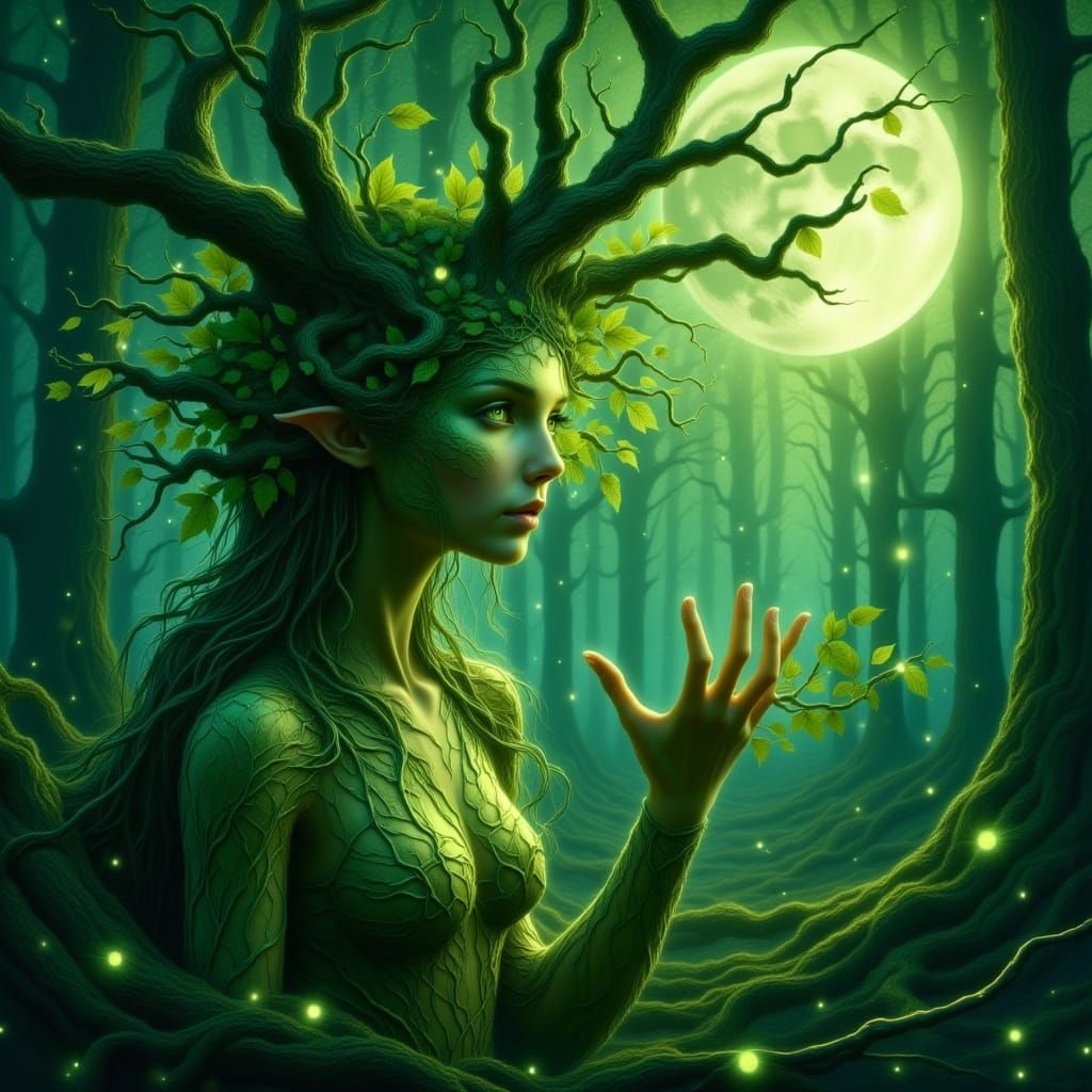 Ethereal Dryad with Roots in Moonlit Forest