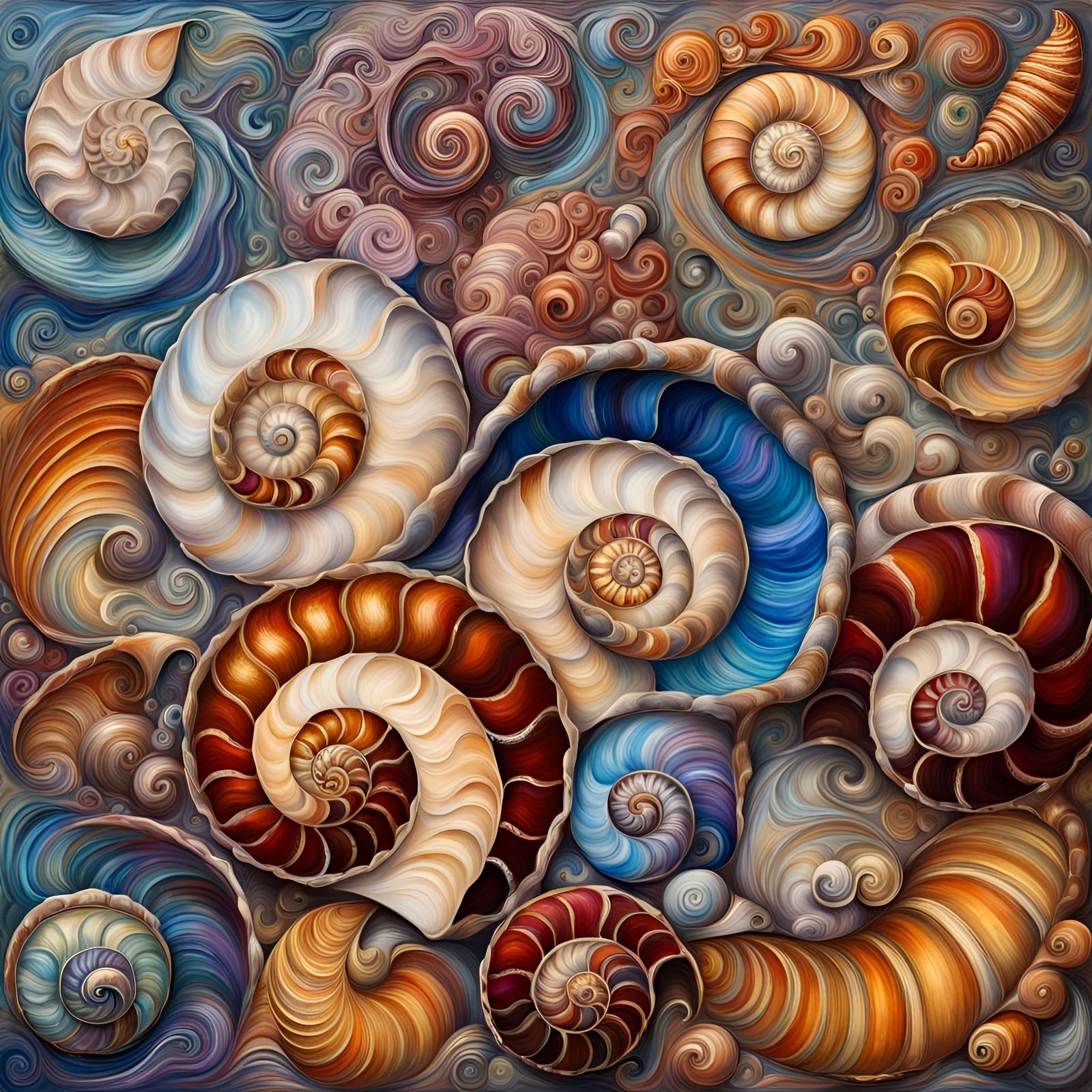Seashells in Fibonacci Sequence: Metallic Impasto Painting