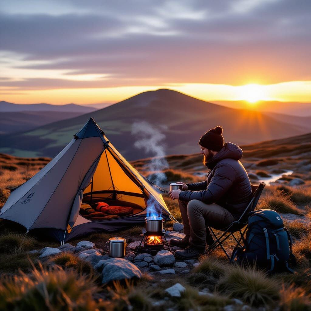 Hiker Camps on Dartmoor at Golden Hour
