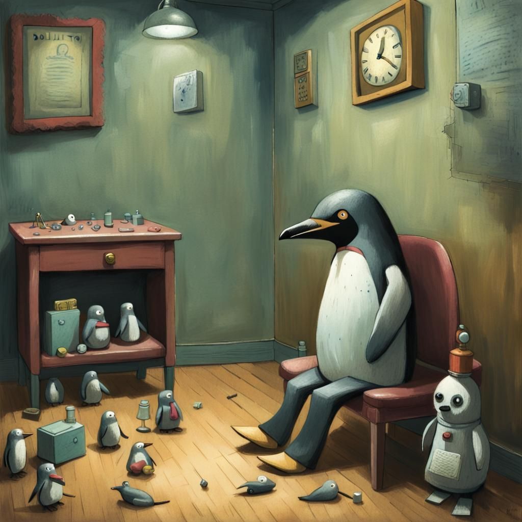 Creepy Toy Penguin at Doll Doctor's, Shaun Tan Style