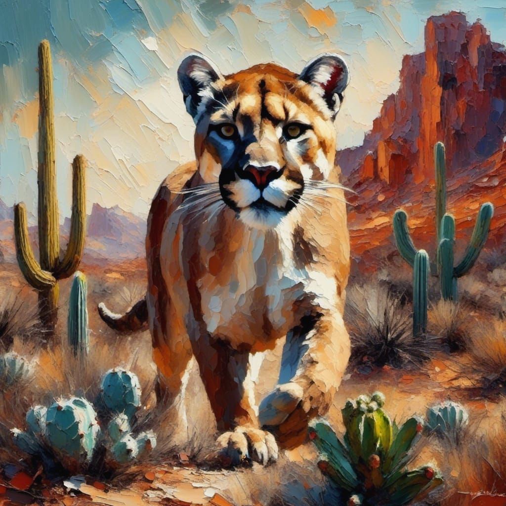 Cougar in Desert Landscape Oil Painting