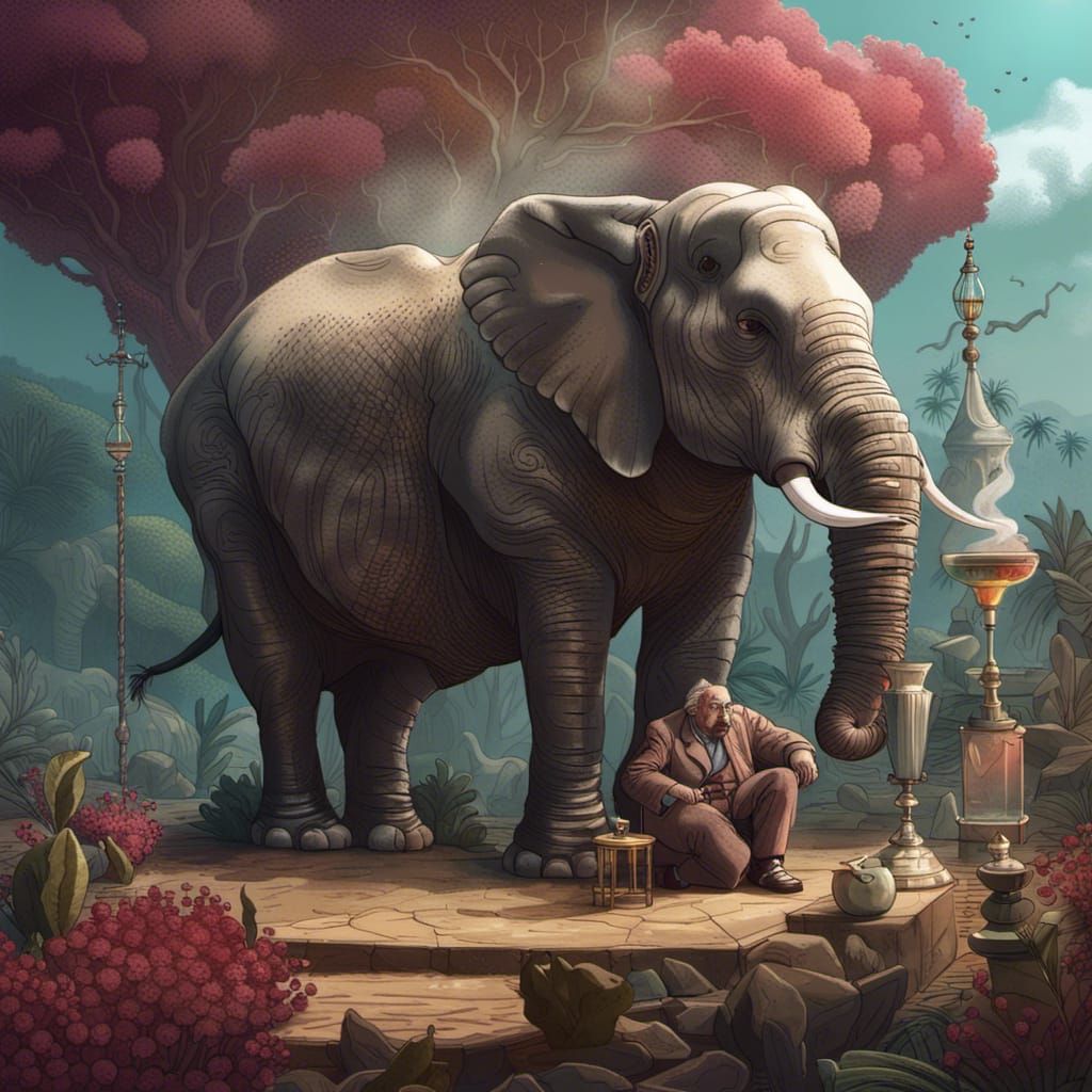 Elephant and Rhino Smoking Hookah, Moebius Style