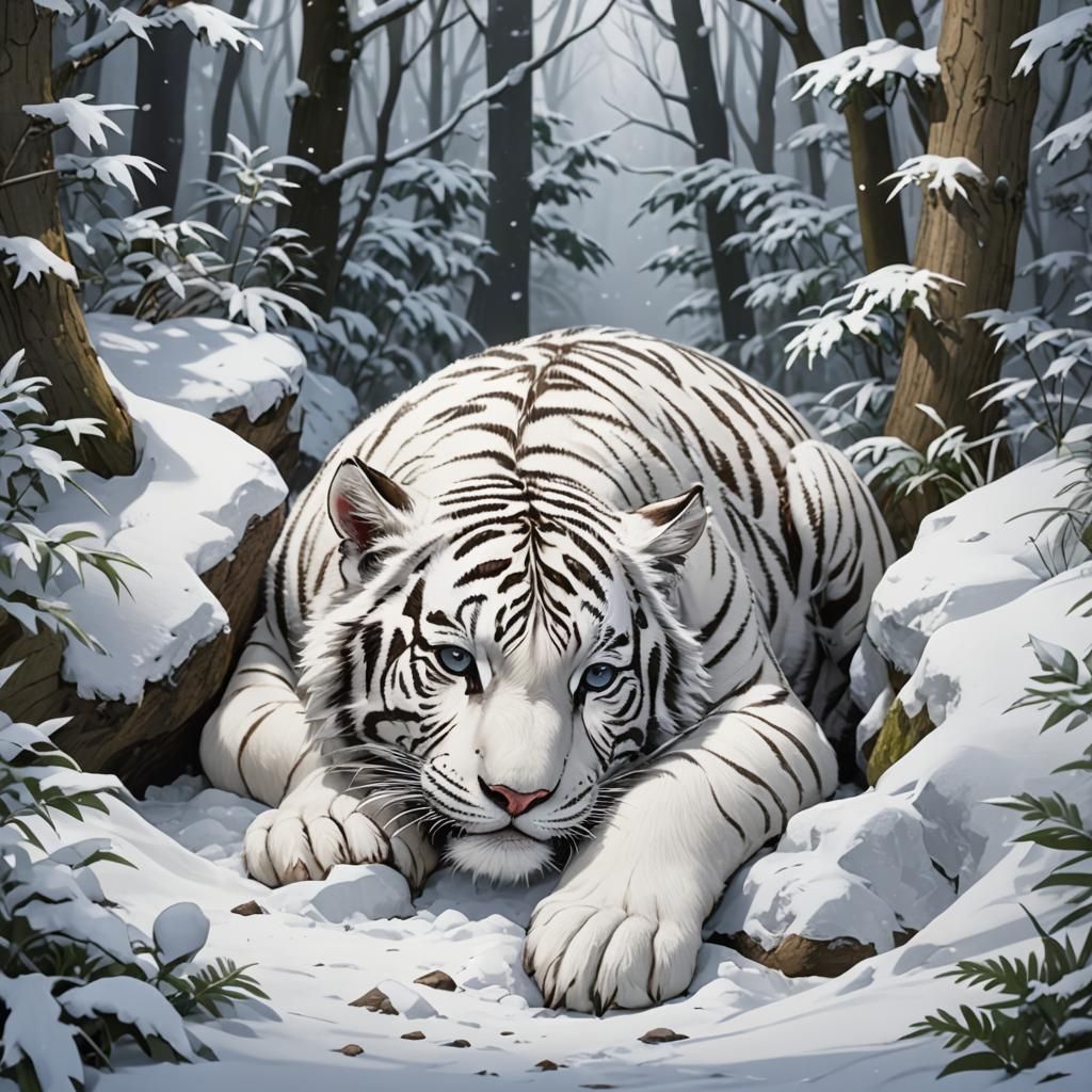 Sleeping White Tiger Cub in Forest, Anime Style