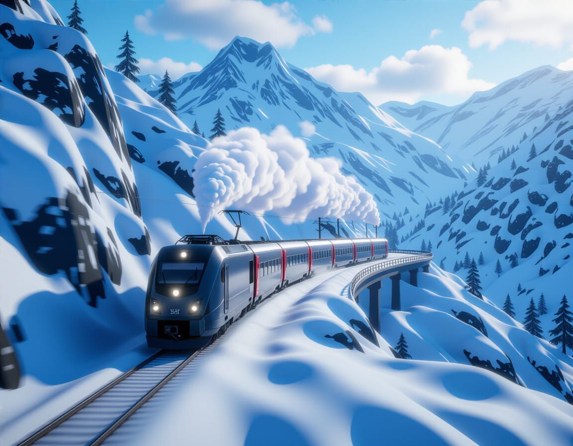 Modern Train in Blizzard Along Snowy Mountain