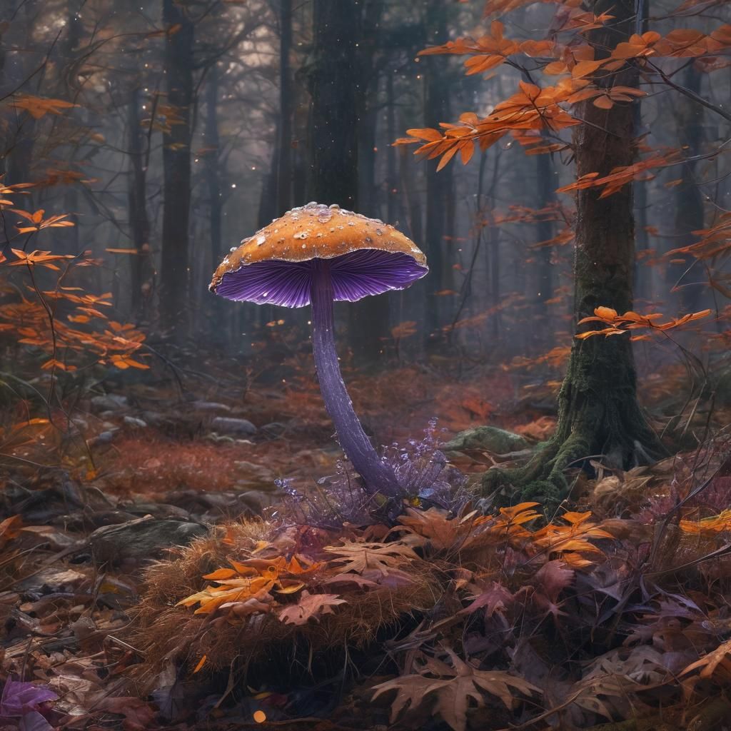 A gorgeous amethyst mushroom on the edge of the forest among...