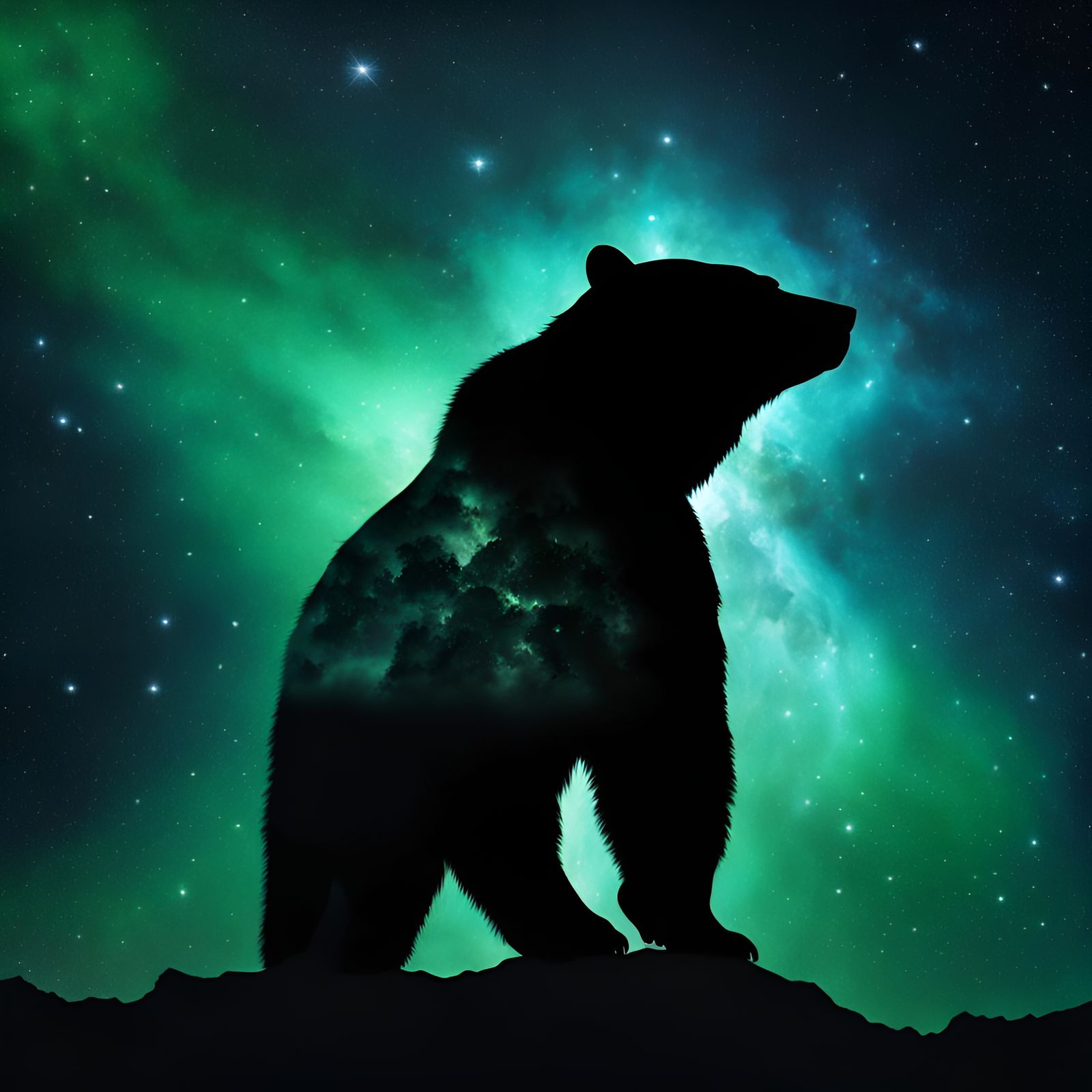 Bear Silhouette Nebula in Space-Time, Hyperrealistic Photo
