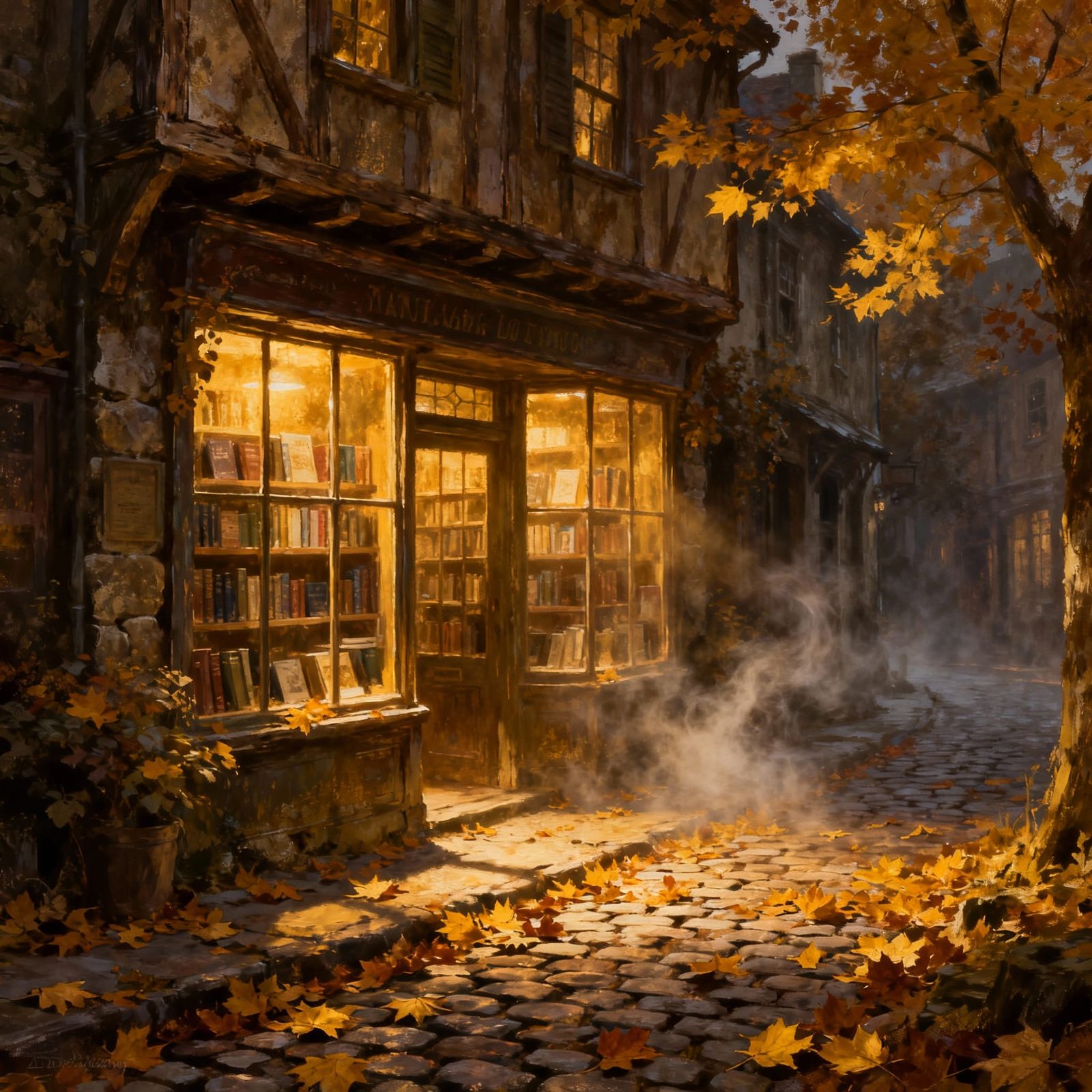 Charming Rustic Bookstore in Autumn Glow
