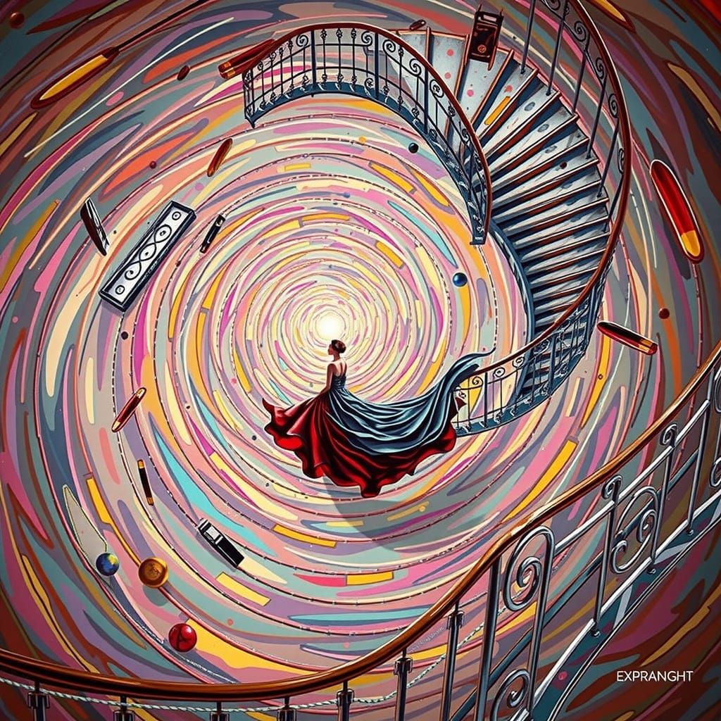 Elegant Woman on Staircase in Hyperrealistic Art