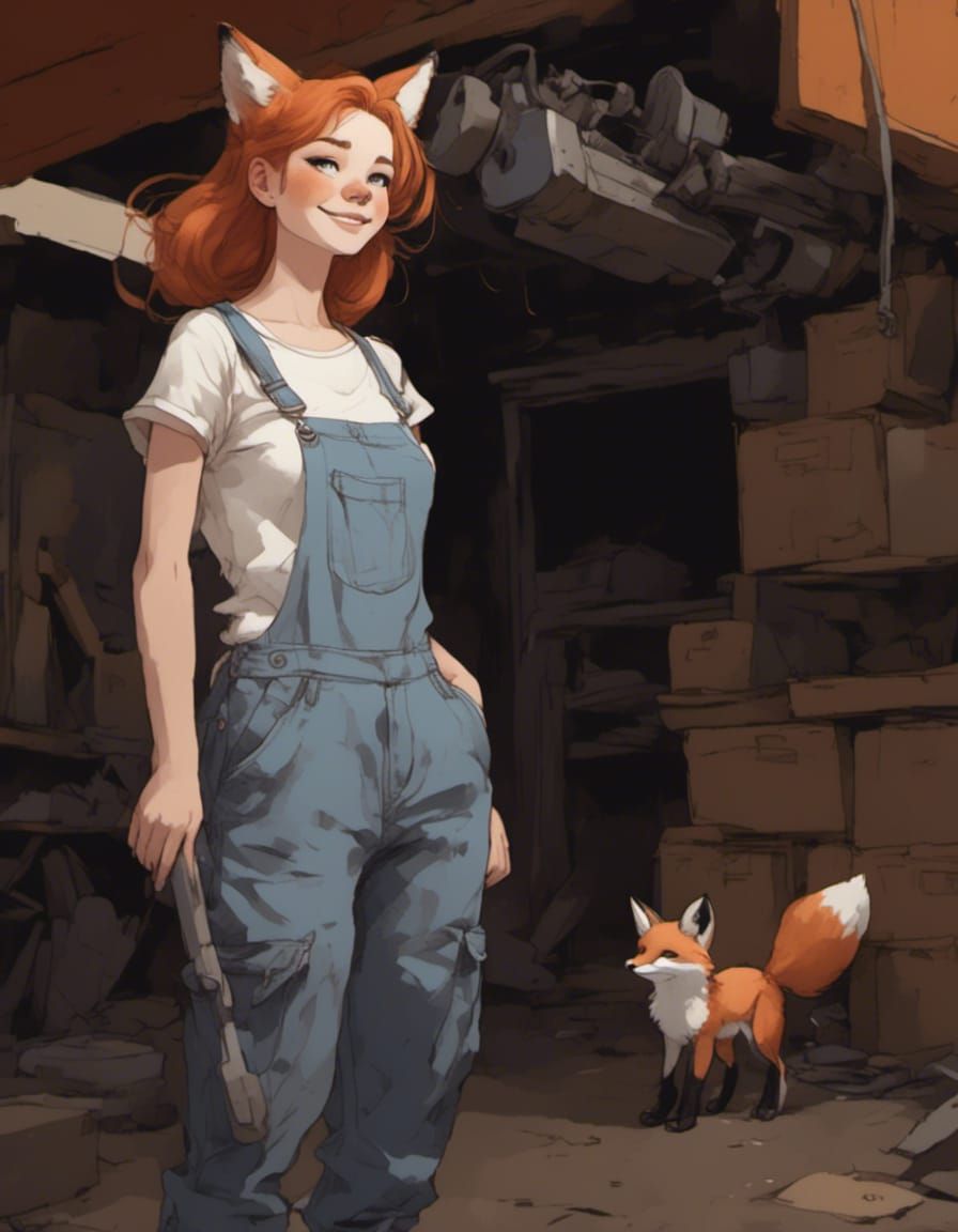 Fox-girl VIXEN in her fix-it/ mod shop. A fox spirt is there...