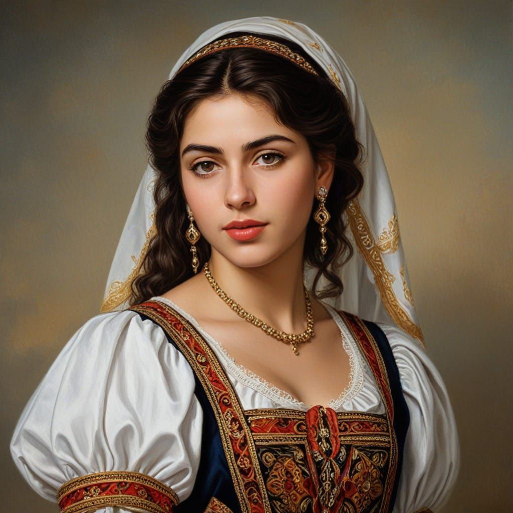 Greek Cypriot Woman in Traditional Garb as Rubens Oil Painti...