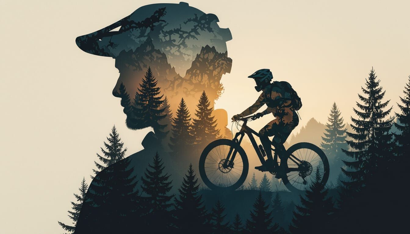 Mystical Forest Double Exposure Mountain Biker Art