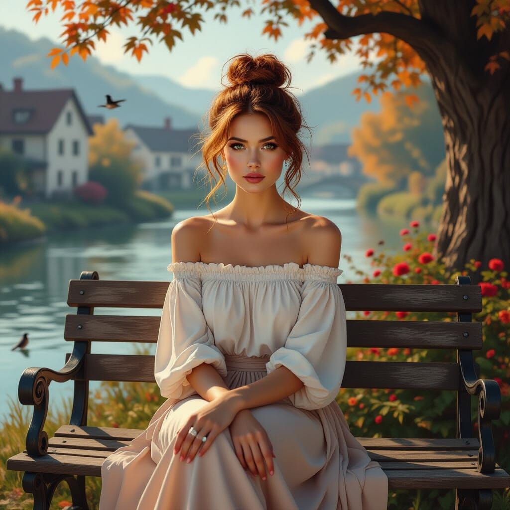 Photorealistic photo of beautiful woman, sitting on a wooden bench, looking to camera, muted autumn colors, red hair in ...