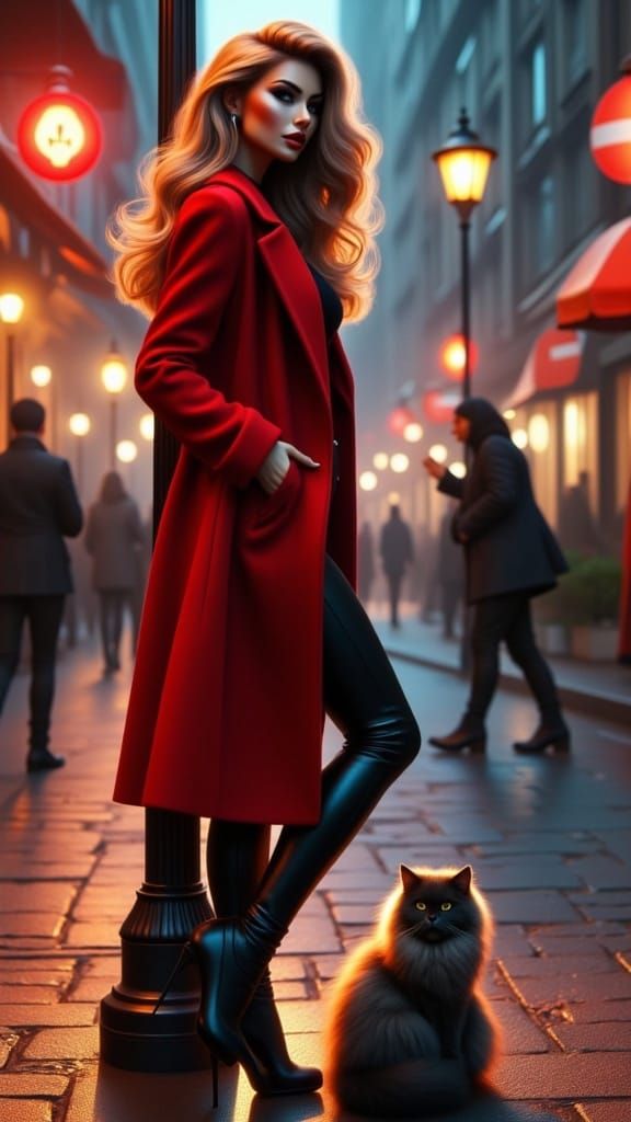 Stunning Woman in Red Coat with Kitty by Her Side