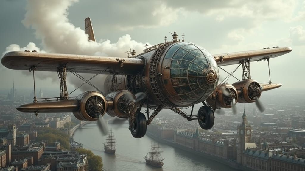 Steampunk Dog Airplane Over Victorian London