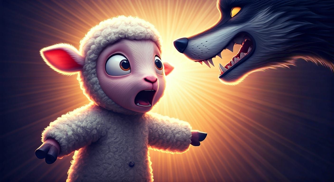 Scared Lamb and Big Bad Wolf in Pixar Style