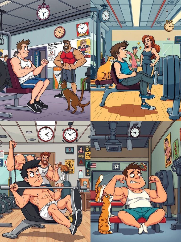 Humorous Gym Scene in Cartoon Style
