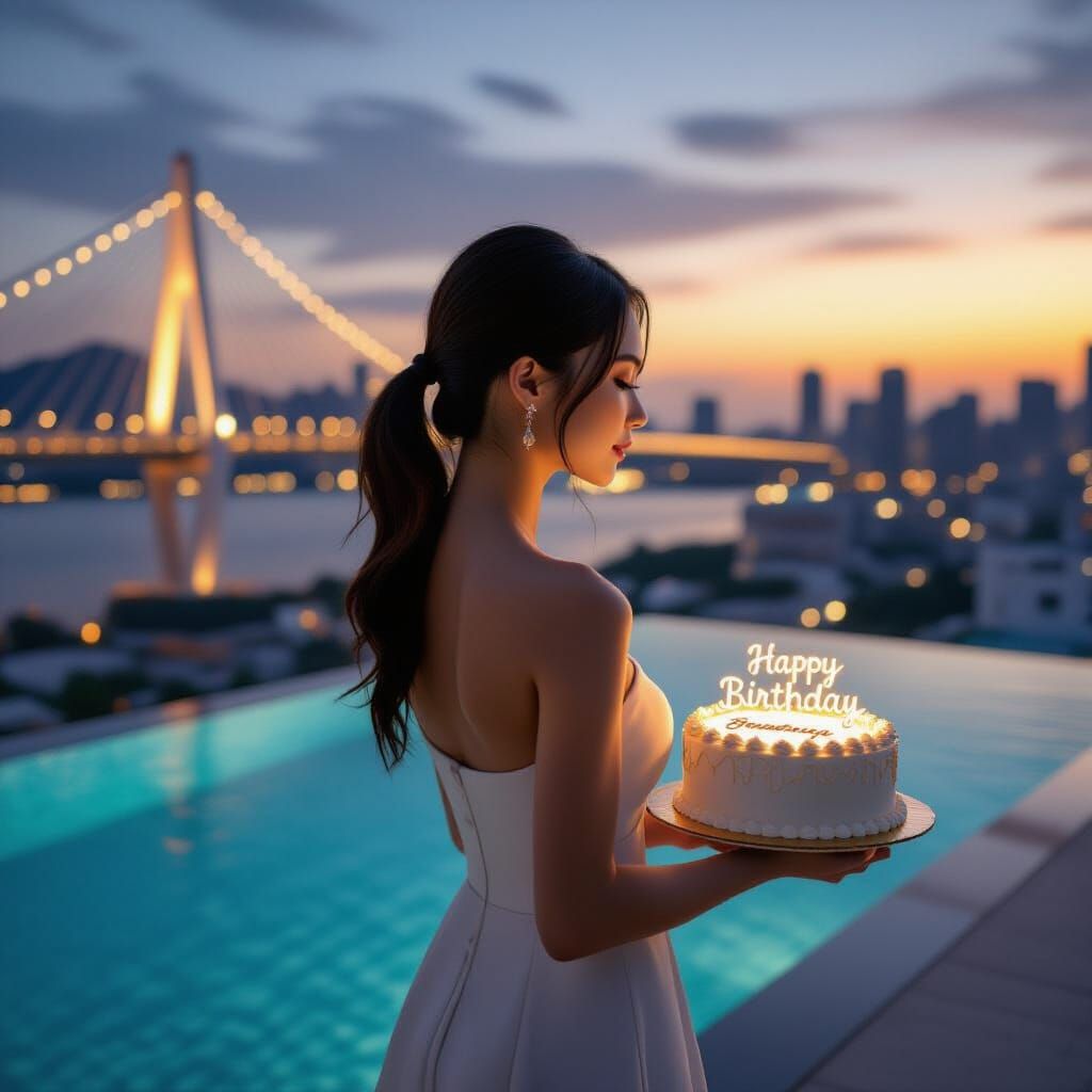 Woman in White Dress on Rooftop with Birthday Cake