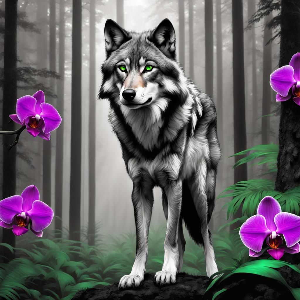 Vivid Wolf in Mystical Grayscale Forest, Digital Painting