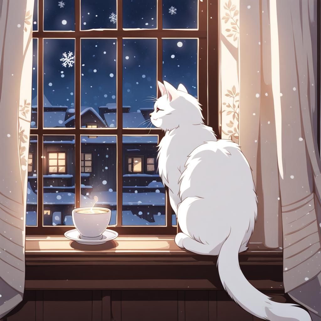 Cozy White Cat Enjoys Snowy Day: Anime Style