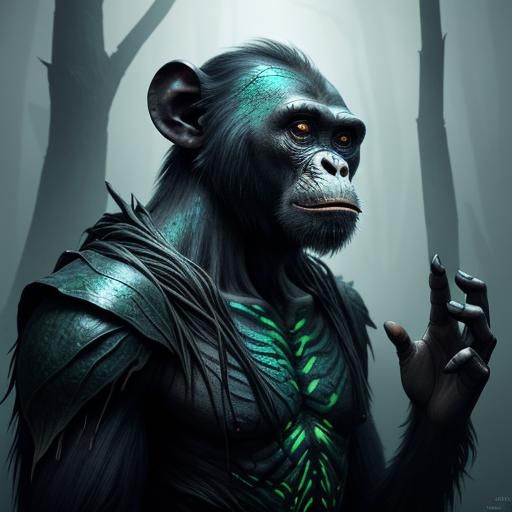 Cracked Glass Chimp in Mystical Forest