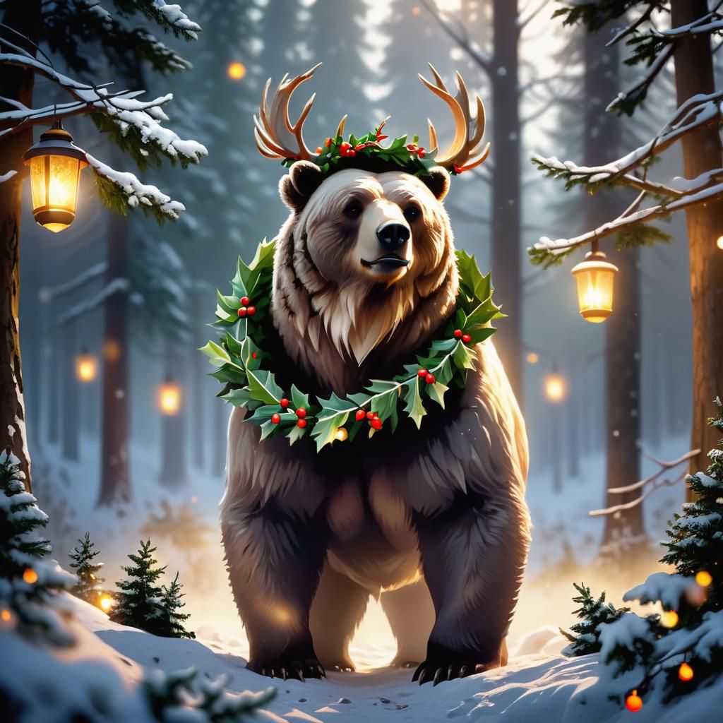 Majestic Christmas Bear in Snowy Forest