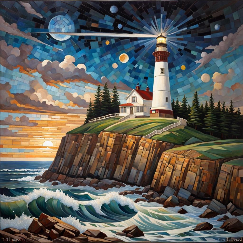 Cosmic Lighthouse Mosaic on Cliff in Realist Style