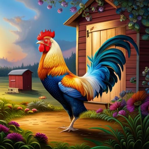 Photorealistic Rooster with Vibrant Plumage and Red Coop
