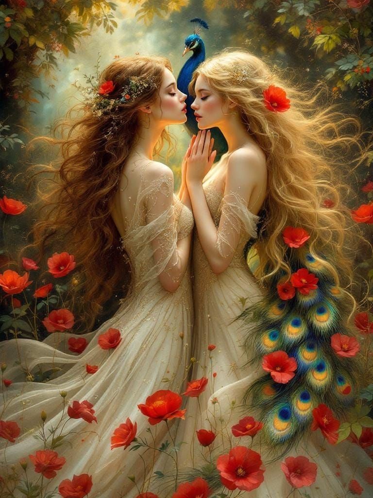 Ethereal Figures with Peacock in Klimt-Gurney Style