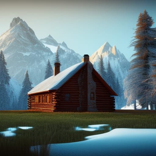 Snowy Valley Cabin in Detailed Matte Painting