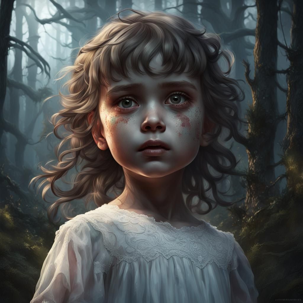 Creepy Girl in Woods: Hyperdetailed Art Portrait