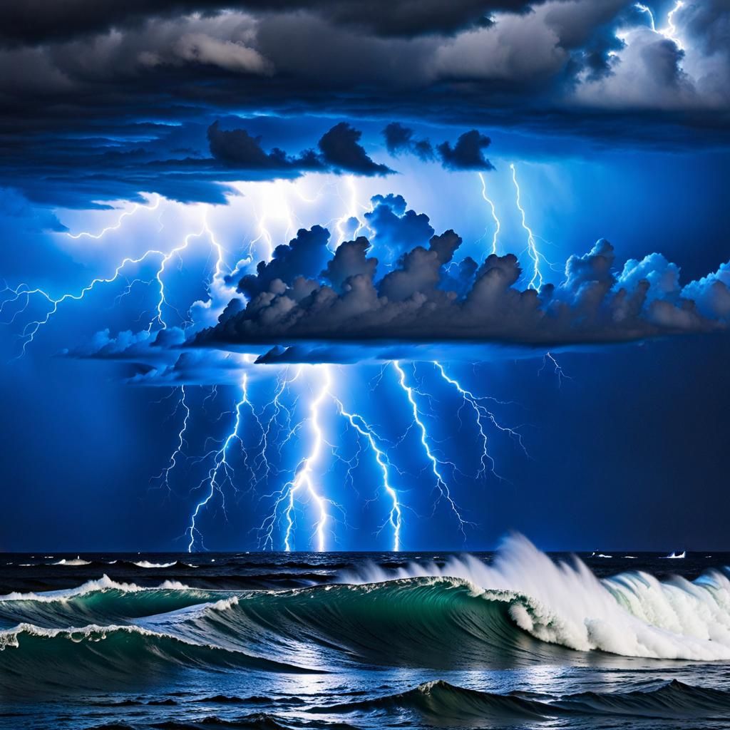 Dramatic Thunderstorm Over Agitated Ocean: Hyperrealistic Se...
