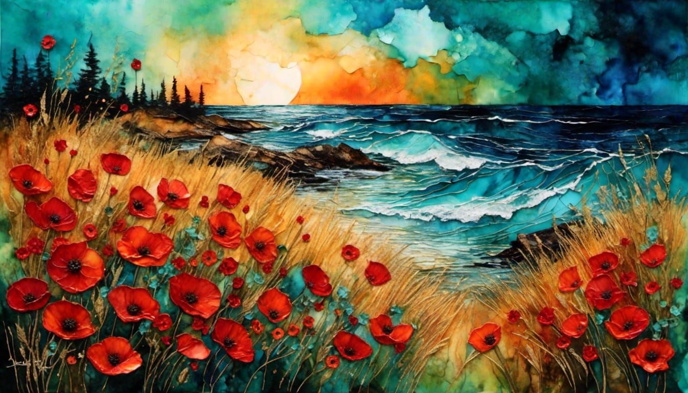 Alcohol Ink Poppy Field on Tidal Wave