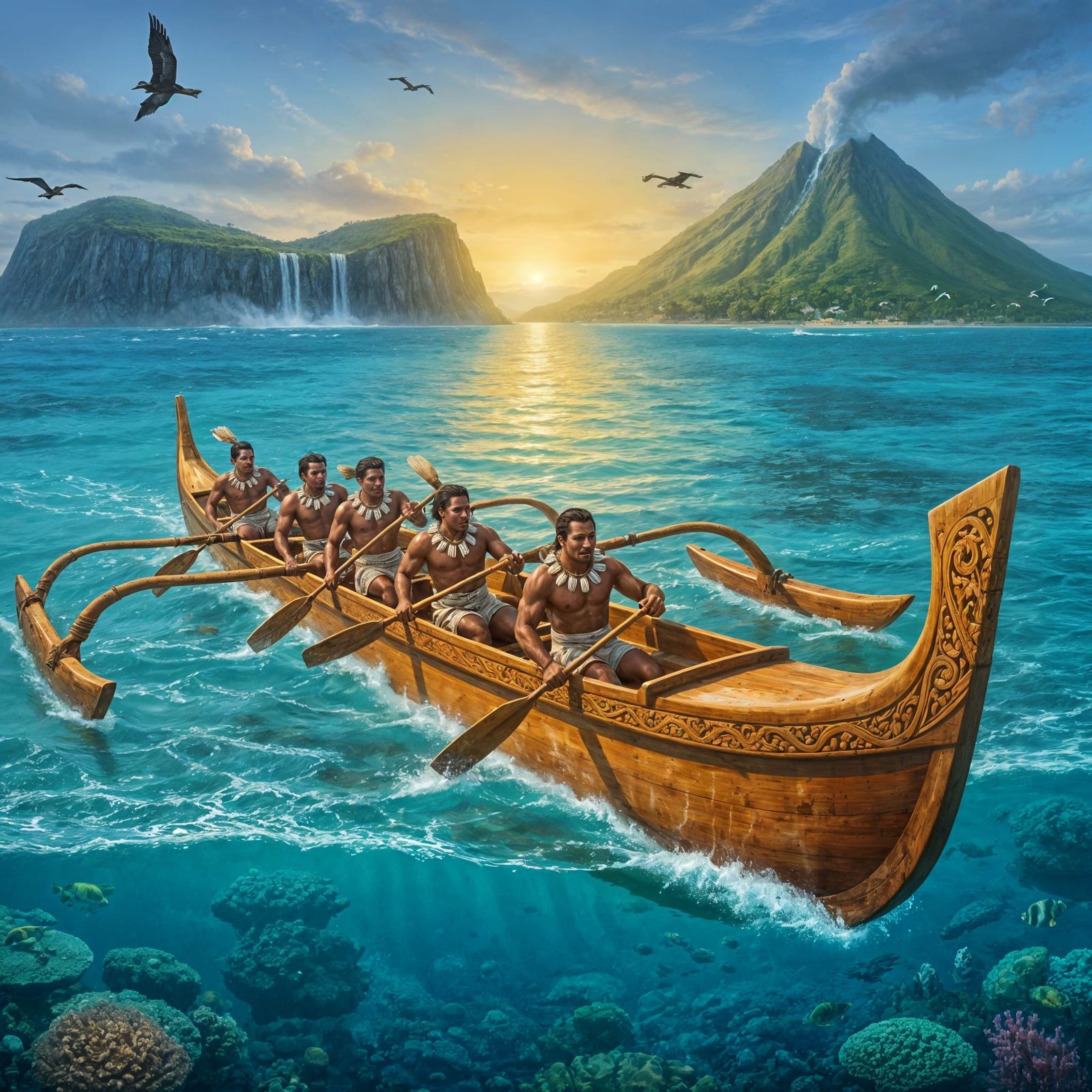 Outrigger Canoe at Sunrise in Turquoise Waters