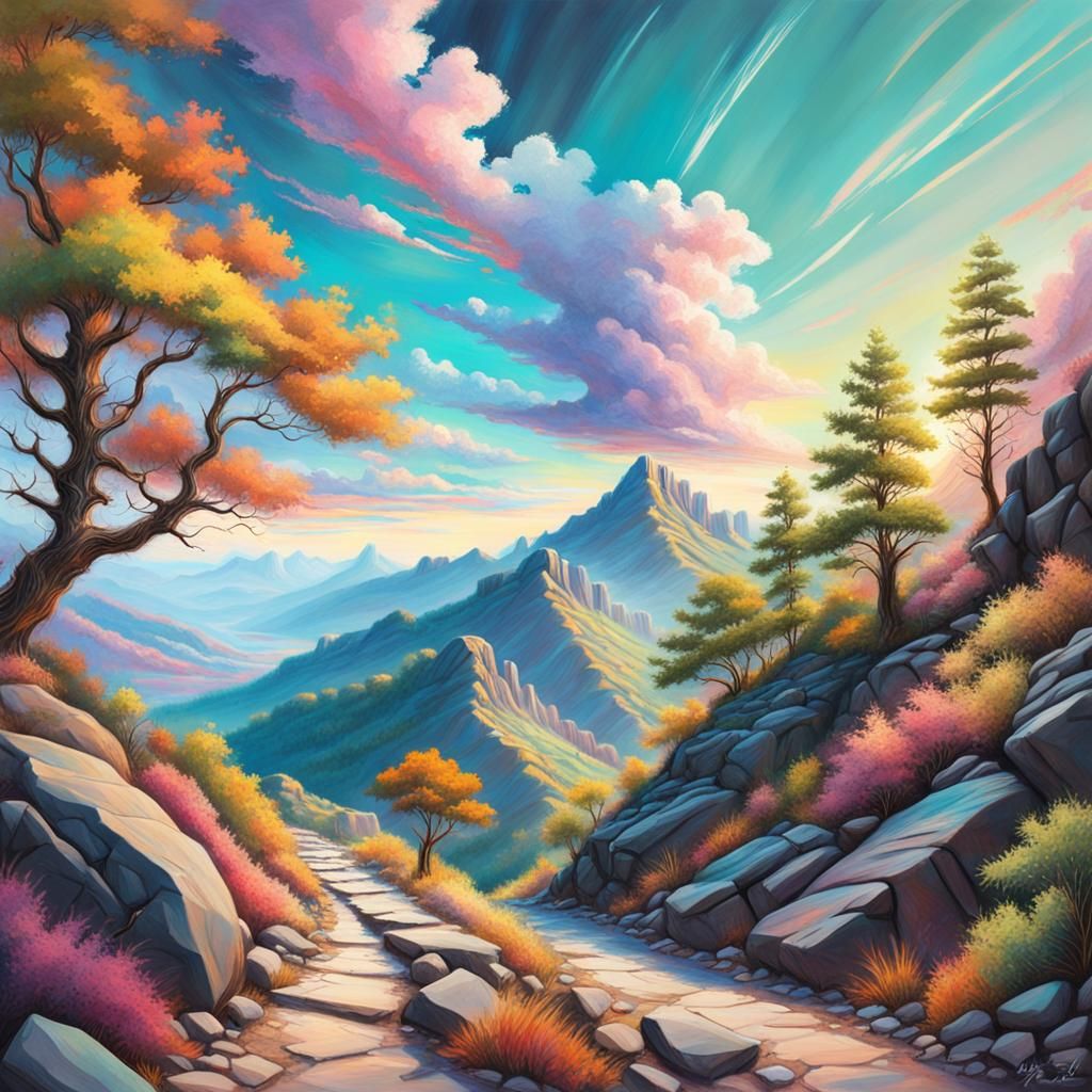 Vibrant Mountain Path Under Fantasy Skies