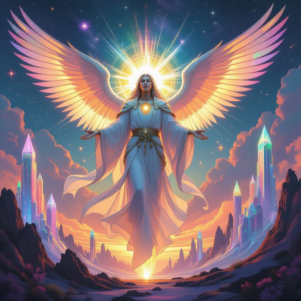 Celestial Being Blesses Alien World in Surreal Style