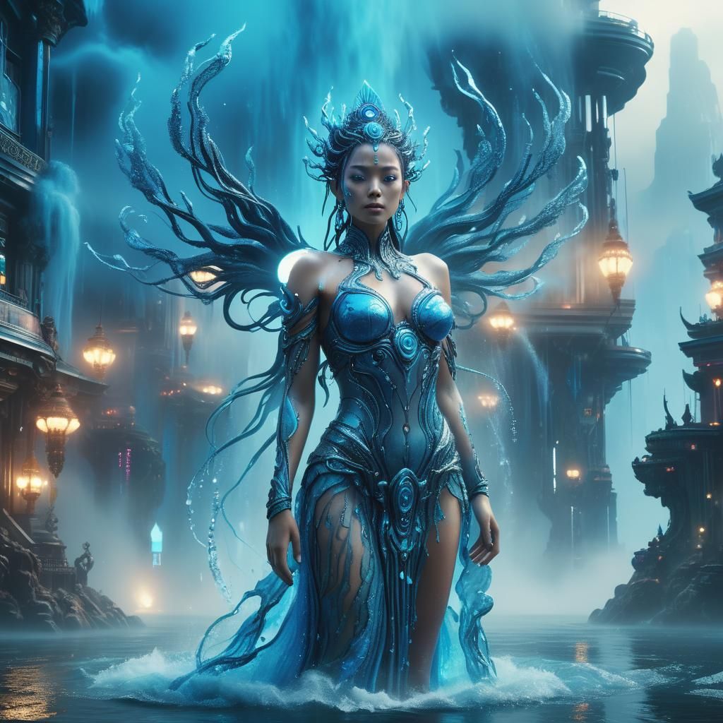 Water Goddess in a Cyberpunk Landscape