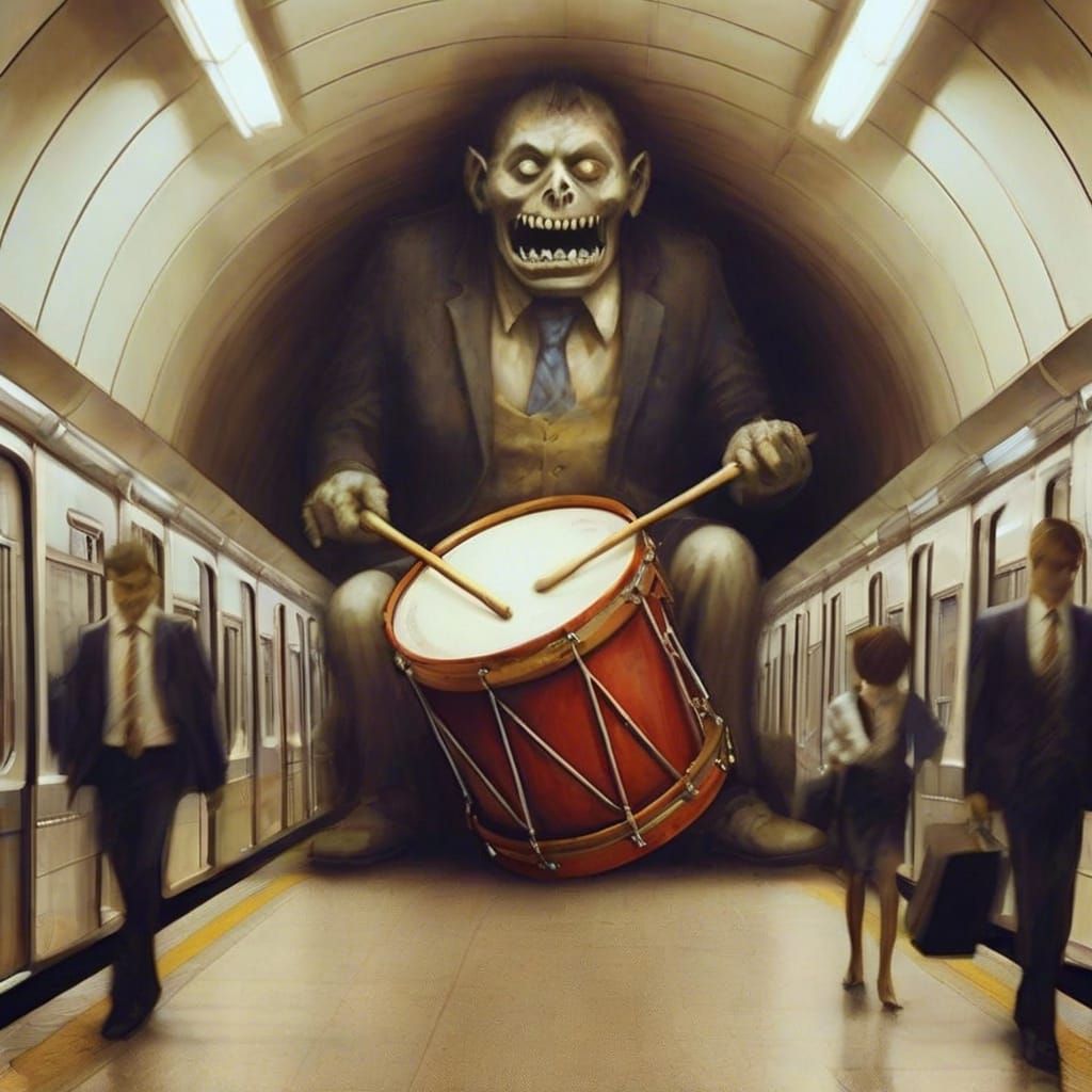 Surreal Zombie Drummer Boy in Subway Tunnel