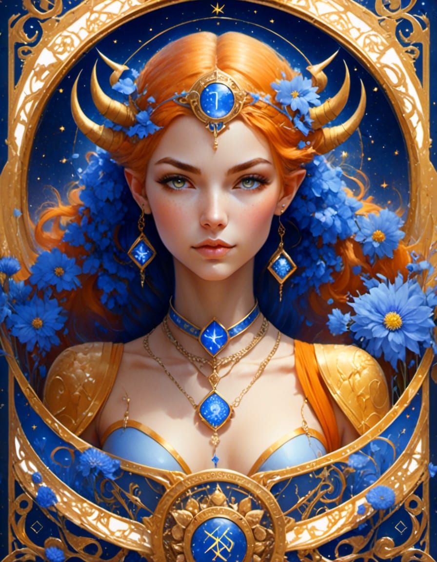 Zodiac sign, Sagittarius, Tarot, facing camera, 
Saffron, Cornflower Blue, Sienna    complimentary colors <lora:Glowing ...