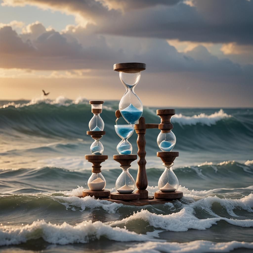 Hourglasses on Boats in Tempestuous Ocean at Sunset