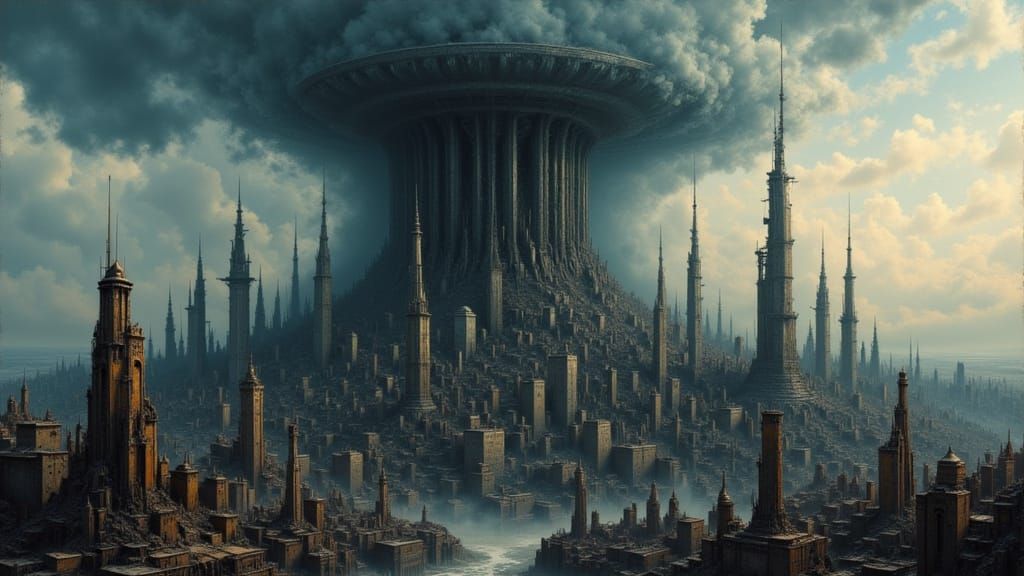 Brutalist Cityscape Under Swirling Oppressive Sky