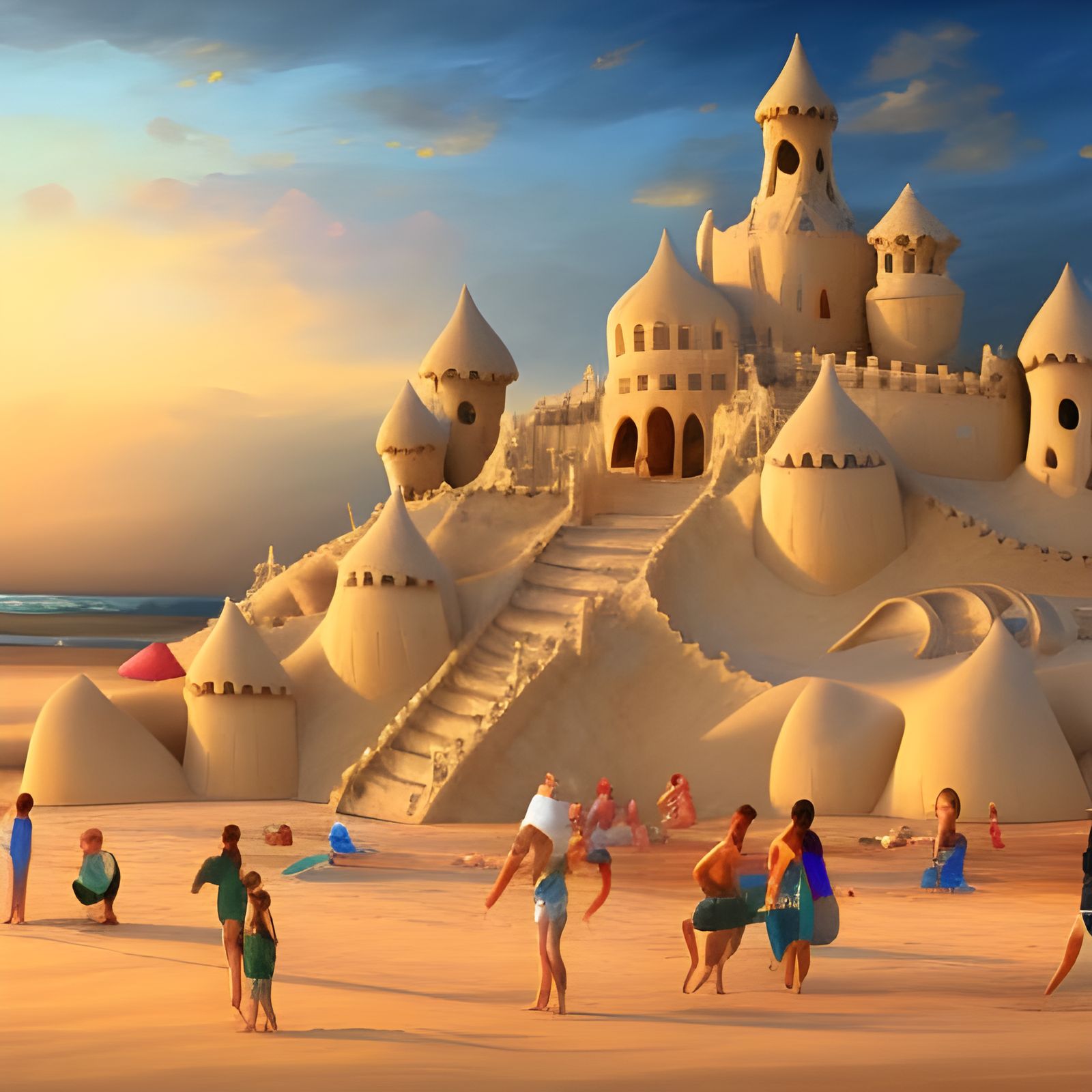 A hard day building a sand castle at a beach