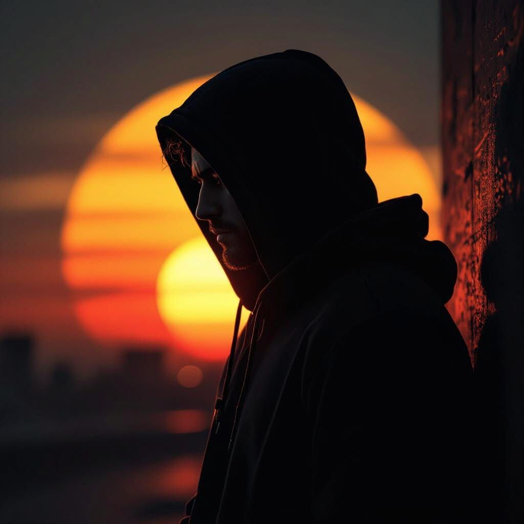 Noir Silhouette: Man Contemplates Sunset in Black and White