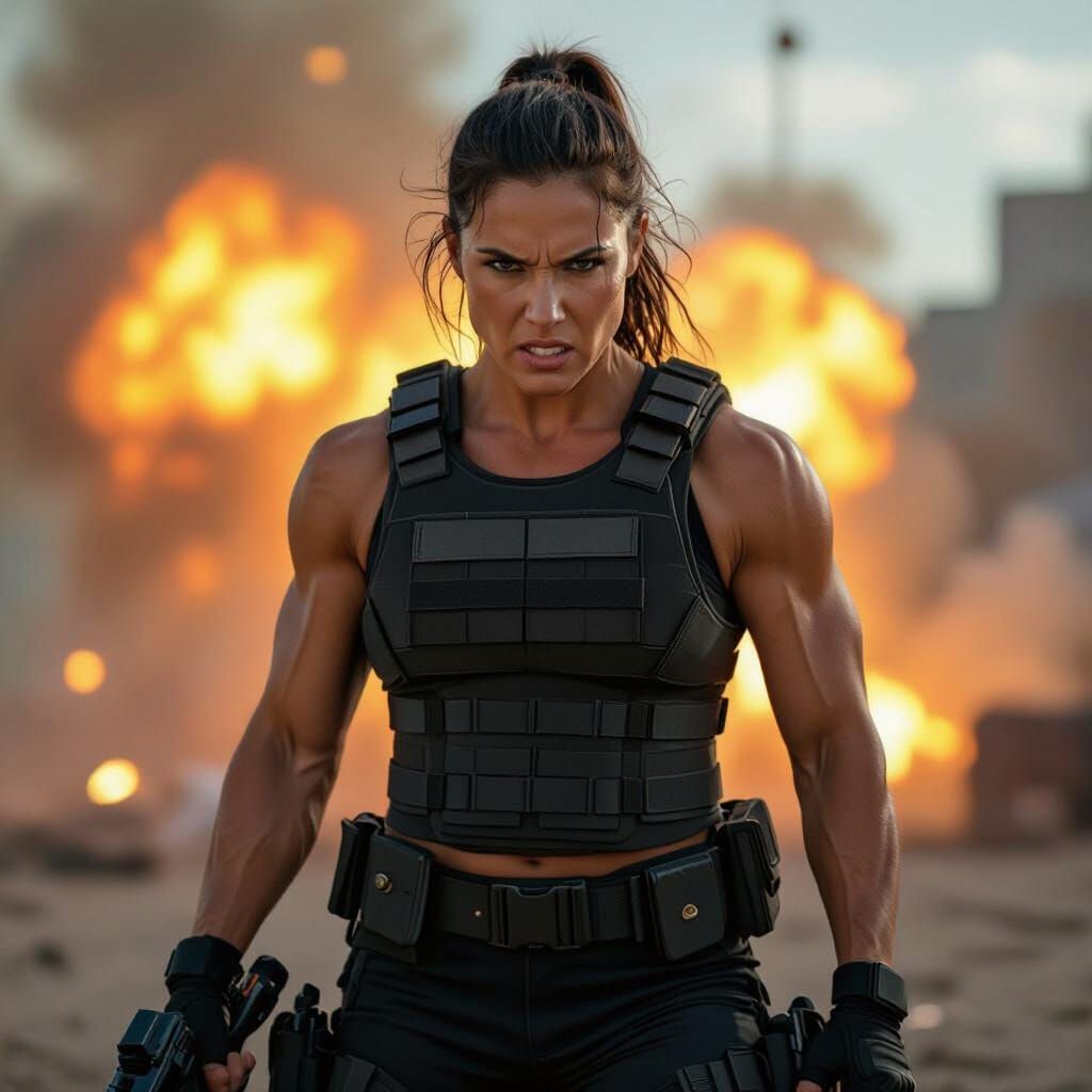 Muscular Woman in Bulletproof Vest Amidst Explosion