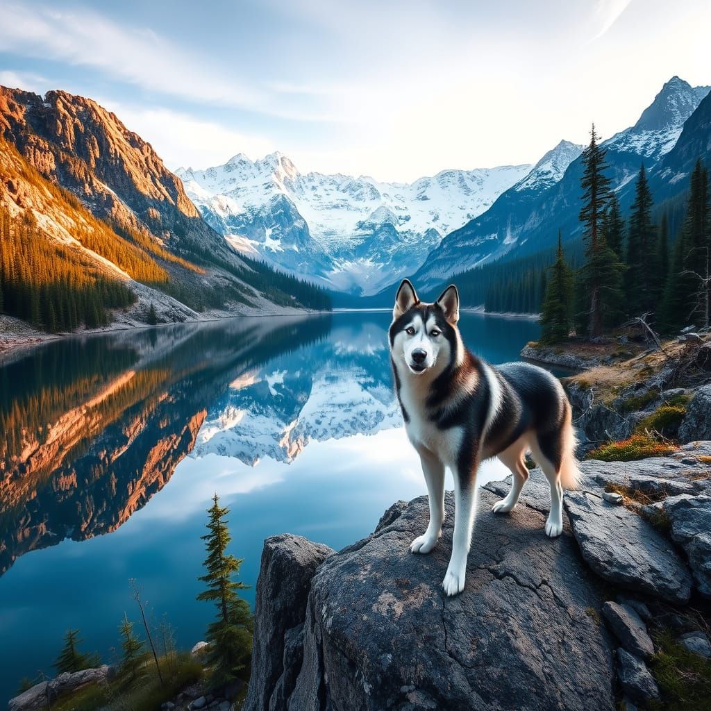 Husky Reflected in Mountain Lake Landscape