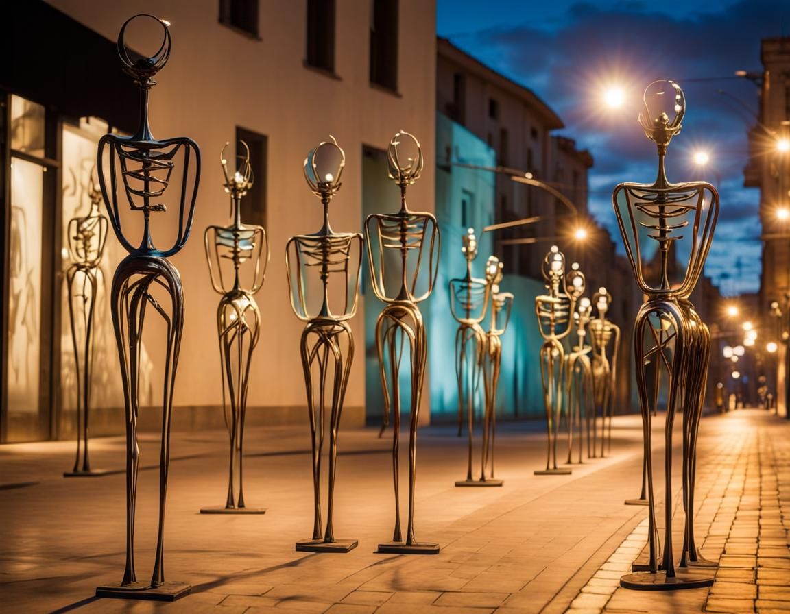 Surrealist Lamps Illuminate Evening Street Scene